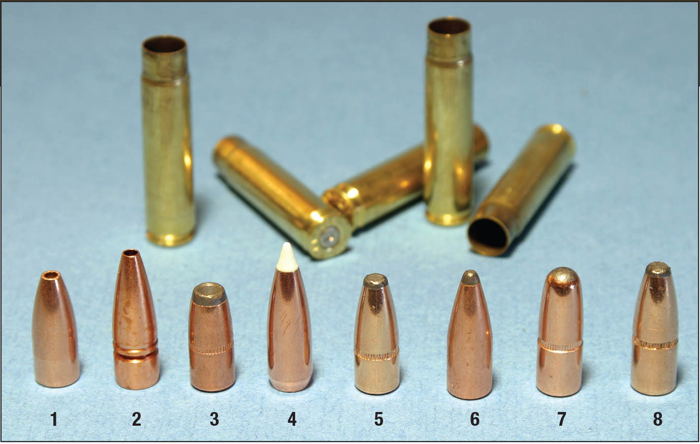 The 1:15 rifling twist of the barrel easily handled a variety of bullets from 110 to 150 grains, including the (1) Sierra 110-grain HP, (2) Lehigh Defense 110 Controlled Chaos, (3) Sierra 125 ProHunter HP, (4) Nosler 125 AccuBond, (5) Speer 130 Hot-Cor FN, (6) Hornady 130 Spire Point, (7) Hornady 150 InterLock RN and the (8) Speer 150-grain Hot-Cor FN.